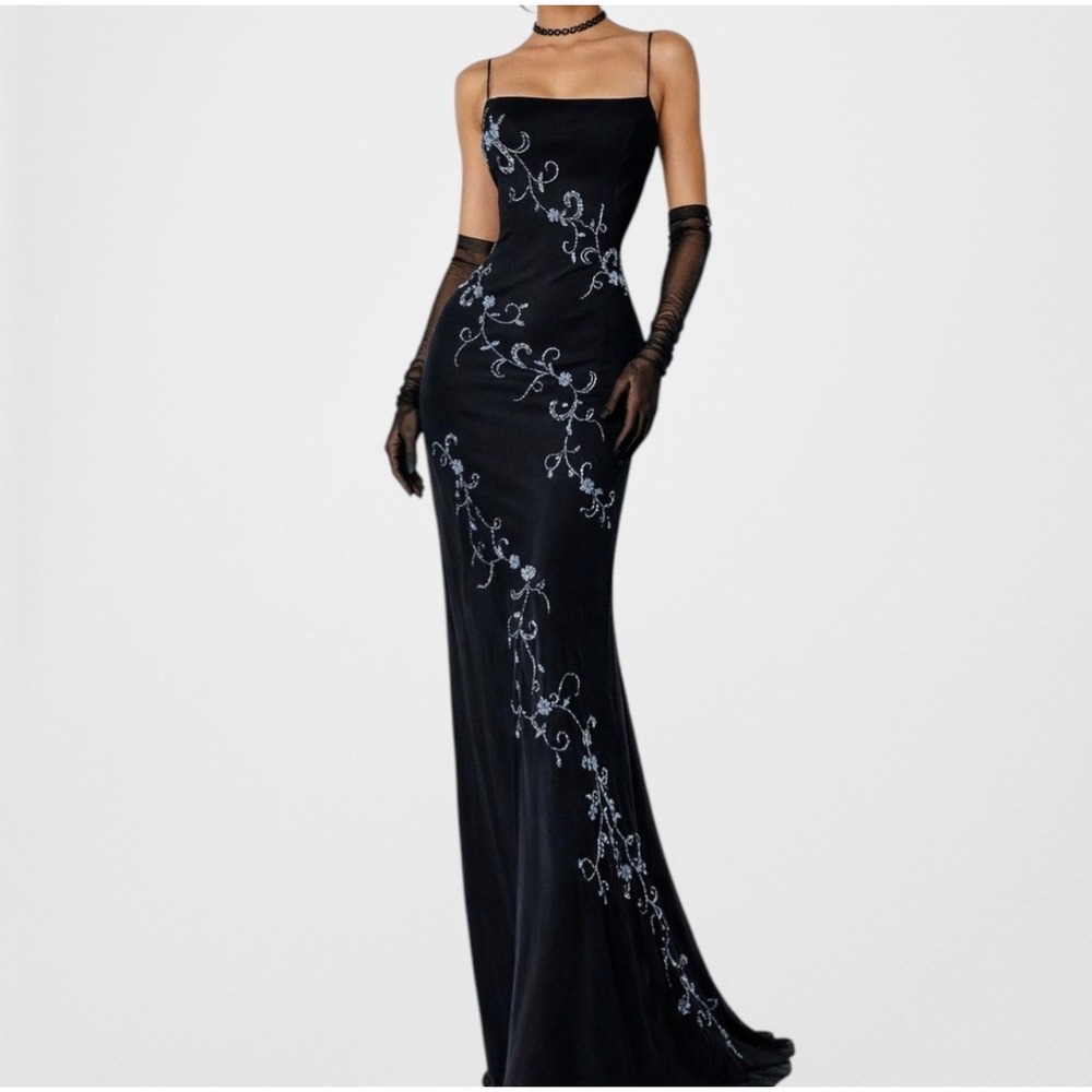 Vintage Y2K Whimsigoth Black Teal Beaded Floral Cowl Neck Maxi Dress 3 XS